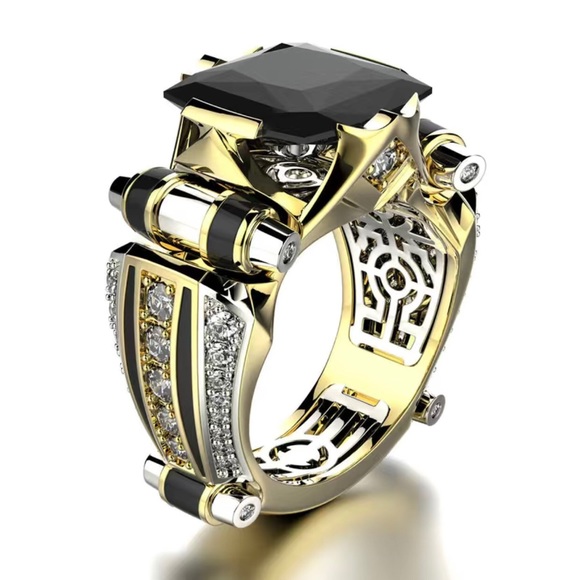 Men’s fashionable faceted black stone gold metal gentleman band ring NWT 10 - Picture 6 of 11